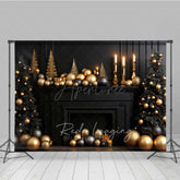 Aperturee - Aperturee Elegant Christmas Fireplace Photography Backdrop Black Mantel with Gold and Black Ornaments Moody Holiday Prop